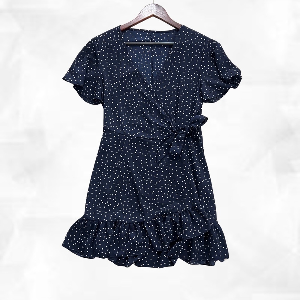 Navy Polka Dot Short Sleeve Wrap Dress